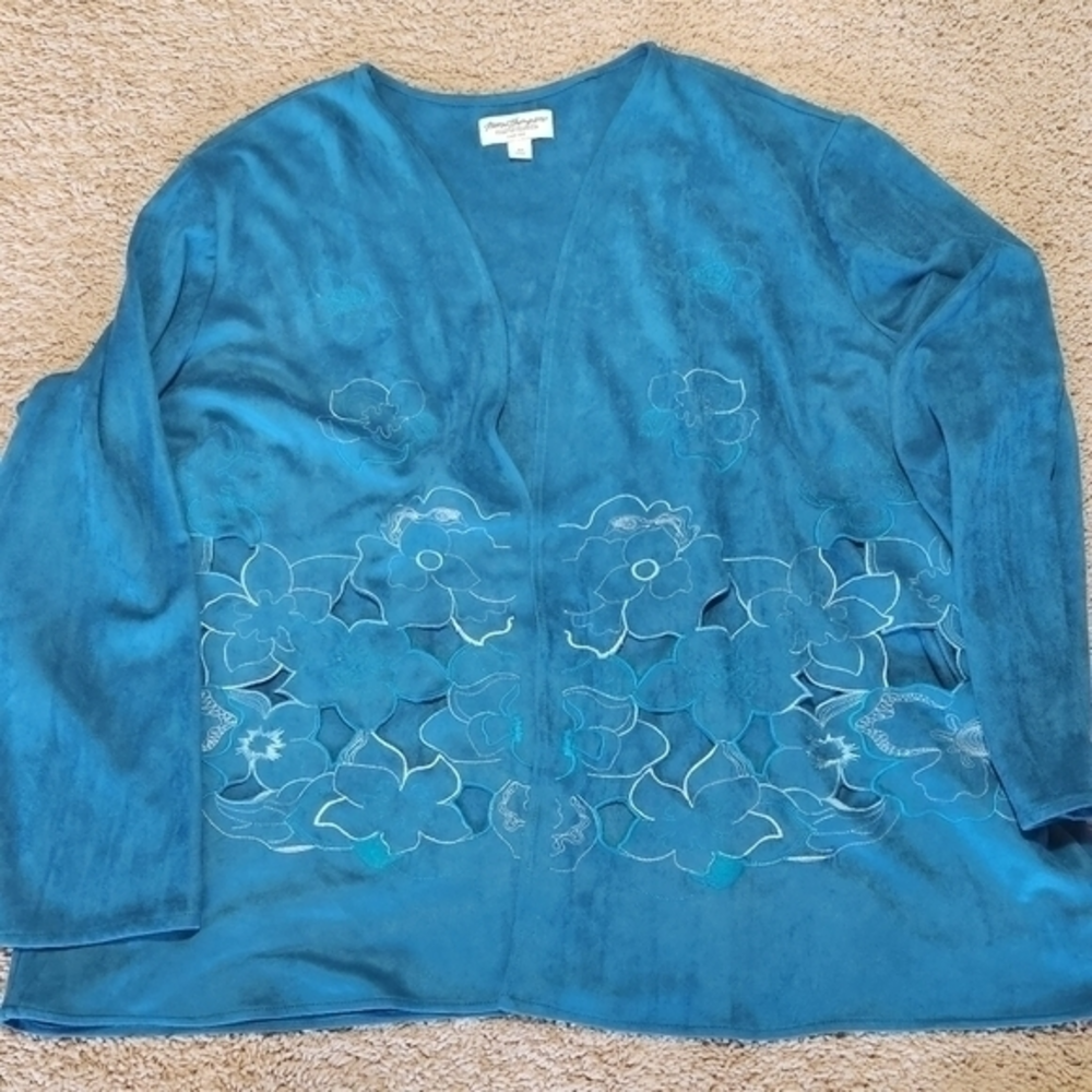 Norm Thompson VTG turquoise blue cut out floral print blouse‎ cardigan 3X Top